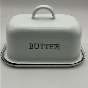 Source Unknown White Butter Dish with Black Lettering